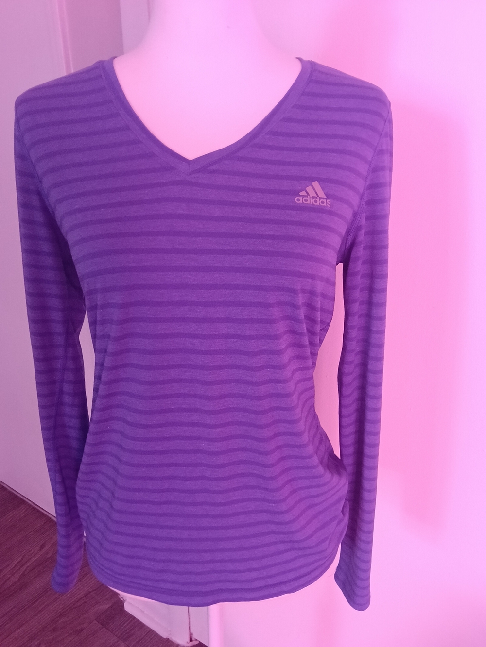 Adidas Women's Purple Striped Long-Sleeve V-Neck Top